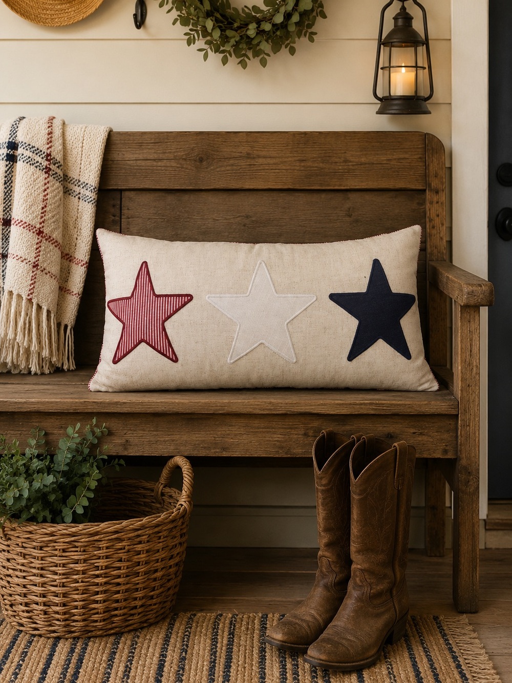 Americana Patriotic Lumbar Throw Pillow Red White Blue Stars 24x12
